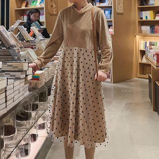 Long-sleeve Dotted Mesh Panel Midi A-line Dress
