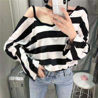 Long-sleeve Striped Cold Shoulder Top