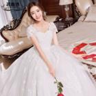 Lace Panel Short-sleeve Trained Wedding Ball Gown