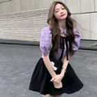 Puff-sleeve Plaid Blouse / Mini A-line Skirt / Set