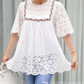 Perforated-sleeve Embroidered-detail Top Ivory - One Size