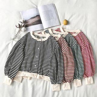 Color-block Striped Single-breasted Puff-sleeve Cardigan