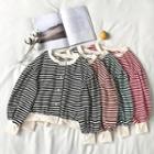 Color-block Striped Single-breasted Puff-sleeve Cardigan