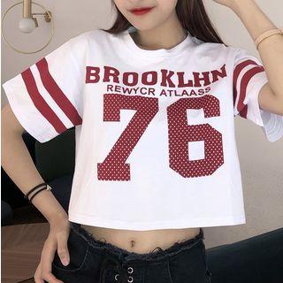 Lettering Striped Short-sleeve Cropped T-shirt