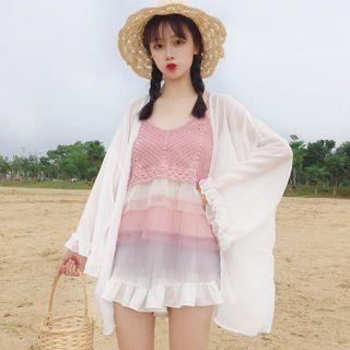 Open Front Light Jacket / Color Block Crochet Lace Camisole Top