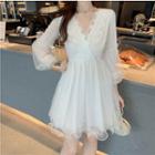 Balloon-sleeve A-line Mini Mesh Dress