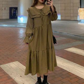 Long-sleeve Tiered Layered Collar A-line Midi Dress