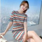 Short-sleeve Patterned Knit Dress Blue & Red - One Size