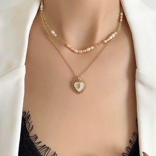 Heart Pendant Freshwater Pearl Layered Alloy Choker Necklace A - Detachable - Double Layer Necklace - Gold - One Size