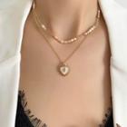 Heart Pendant Freshwater Pearl Layered Alloy Choker Necklace A - Detachable - Double Layer Necklace - Gold - One Size