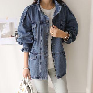Drawstring-waist Denim Jacket Dark Blue - One Size