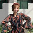 Tie-neck Floral Chiffon Long Dress