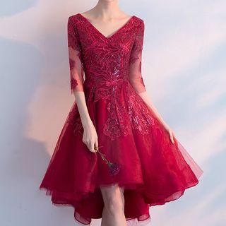 Embroidered Elbow-sleeve High-low Prom Dress