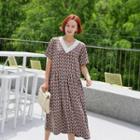 V-neck Long Pattern Dress Brown - One Size