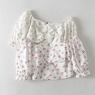 Cherry Print Puff-sleeve Cropped Blouse