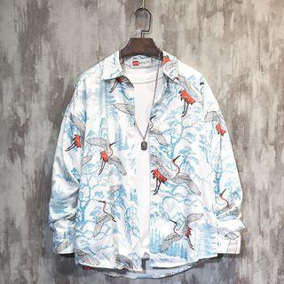 Crane Print Long-sleeve Shirt