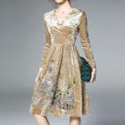 Long-sleeve Velvet Embroidered A-line Dress