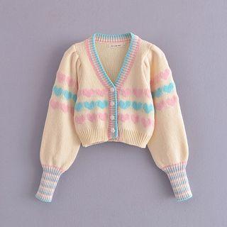 V-neck Heart Print Crop Cardigan