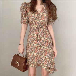 Floral Short-sleeve Ruffle-hem Mini A-line Dress