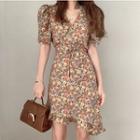 Floral Short-sleeve Ruffle-hem Mini A-line Dress