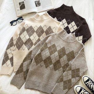 Mock-neck Argyle Pattern Sweater