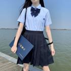 Short-sleeve Embroidered Shirt / Bow Tie / Pleated A-line Skirt /
