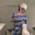 Long-sleeve Striped Split Hem Polo Shirt/ High-waist Striped Knit Skirt