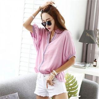 Open-placket Dolman-sleeve Embroidered Top