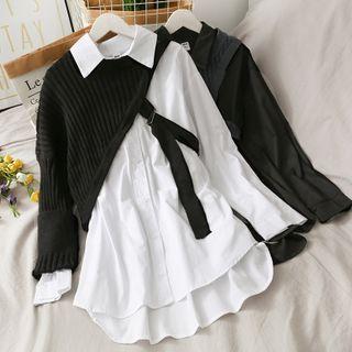Set: Asymmetric Knit Vest + Dip-back Long Shirt