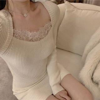 Lace Panel Knit Mini Bodycon Dress