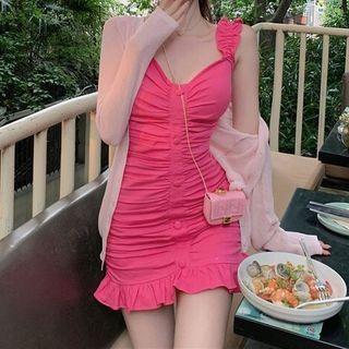 Wide Strap Shirred Mini Bodycon Dress / Cardigan