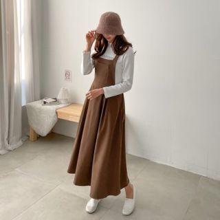 Pocket-front Flared Long Pinafore Dress
