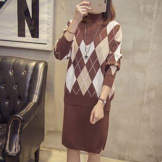 Set: Argyle Sweater + Side Slit Sleeveless Knit Dress
