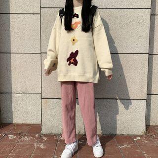 Floral Sweater / Corduroy Straight-fit Pants