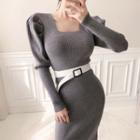 Set: Long-sleeve Knit Midi Sheath Dress + Belt