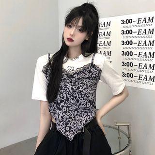 Short-sleeve Floral Panel Mock Two Piece Top