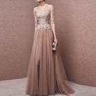 3/4-sleeve Lace Bodice A-line Evening Gown
