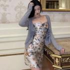 Long-sleeve Ruffled Trim Cardigan / Flower Print Mini Dress