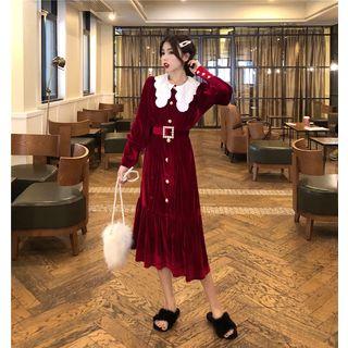 Collared Long-sleeve Velvet Maxi Dress