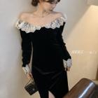 Long-sleeve Off-shoulder Lace Trim Velvet Midi Sheath Dress Black - One Size