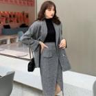 Pocketed Double-breasted Blazer / Front Slit Straight-fit Skirt