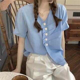 Short-sleeve Ruched Plain Blouse