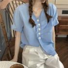 Short-sleeve Ruched Plain Blouse