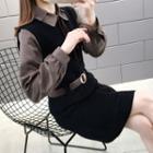 Set: V-neck Ribbed Knit Vest + Plain Blouse