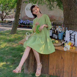 Elbow-sleeve Tie-neck Two-tone Dress