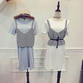 Set: Plain T-shirt Dress + Striped V-neck Tank Top