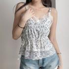 Lace Trim Drawstring Floral Camisole Top White - One Size