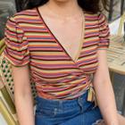 Striped Short-sleeve Cropped Wrap Top