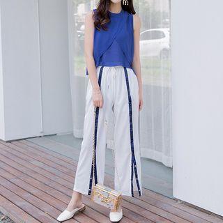 Set: Plain Sleeveless Blouse + Tie-waist Wide-leg Pants
