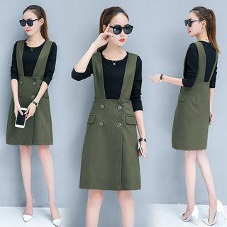 Set: Long-sleeve Knit Top + Buttoned Jumper Dress
